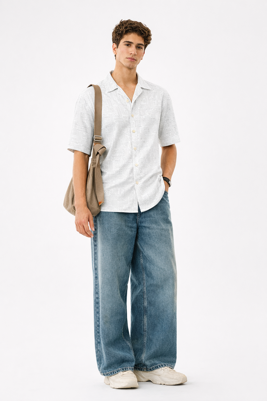 White Printed Shirt With Grey Design Half Sleeve Shirt (SKU-508)