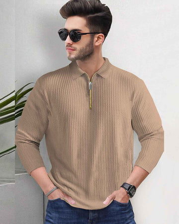 Polo Collar Plain Waffle Textured Full Sleeve Tshirts - 5 Colors