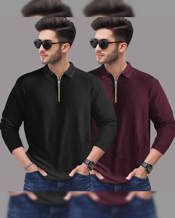 (Pack Of 2) Polo Full Sleeve Wafle T-shirts / Black & Maroon