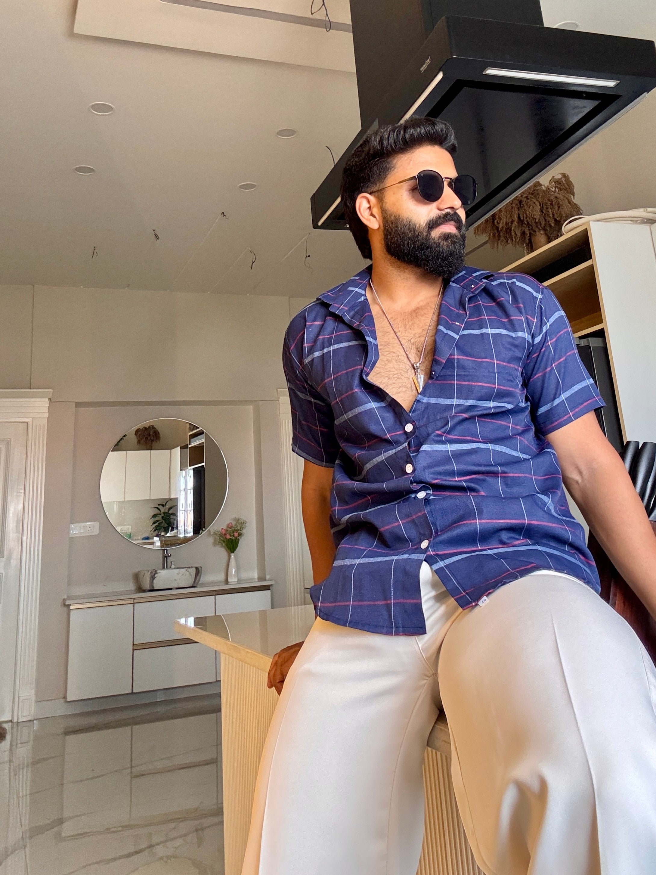 Men's Casual Half Sleeve Shirt - Check Blue | UHSS-157