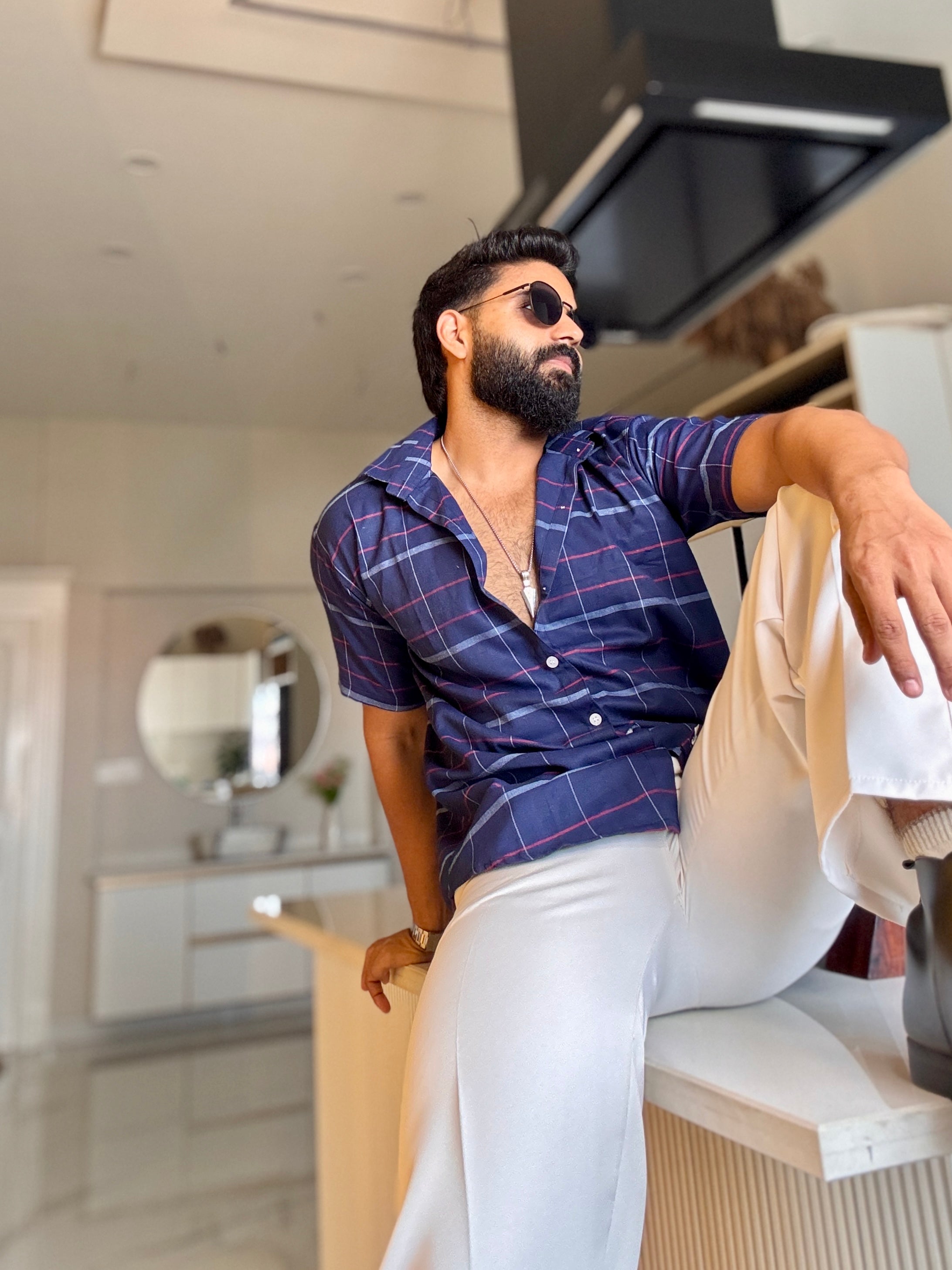 Men's Casual Half Sleeve Shirt - Check Blue | UHSS-157