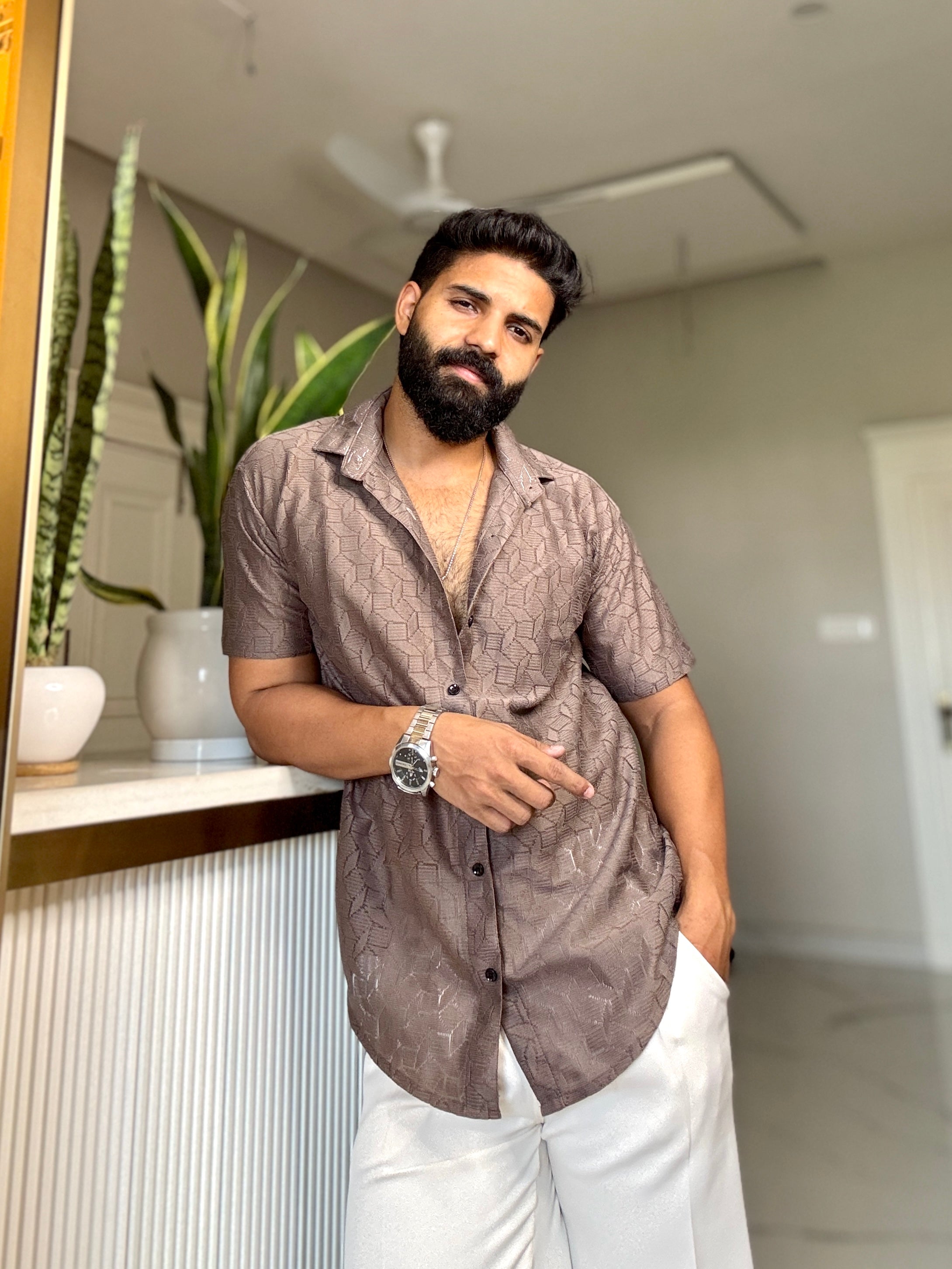 Men's Casual Half Sleeve Shirt - Light Brown | UHSS-149