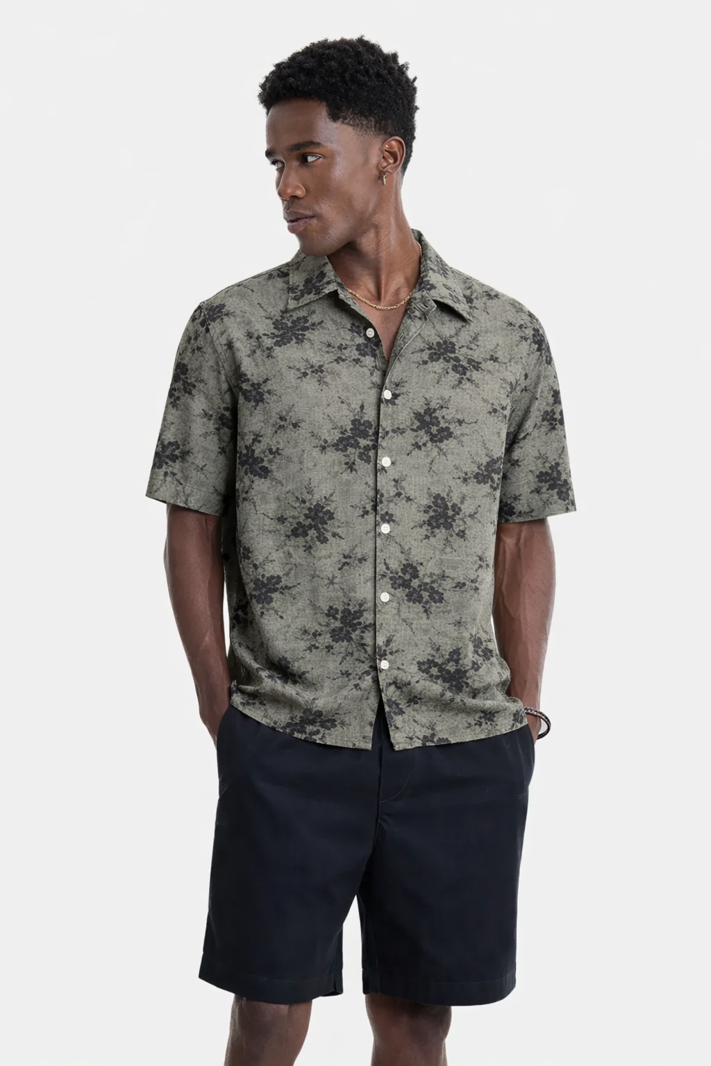 Green Shirt with Black Floral Print Half Sleeve Shirt (SKU-502)