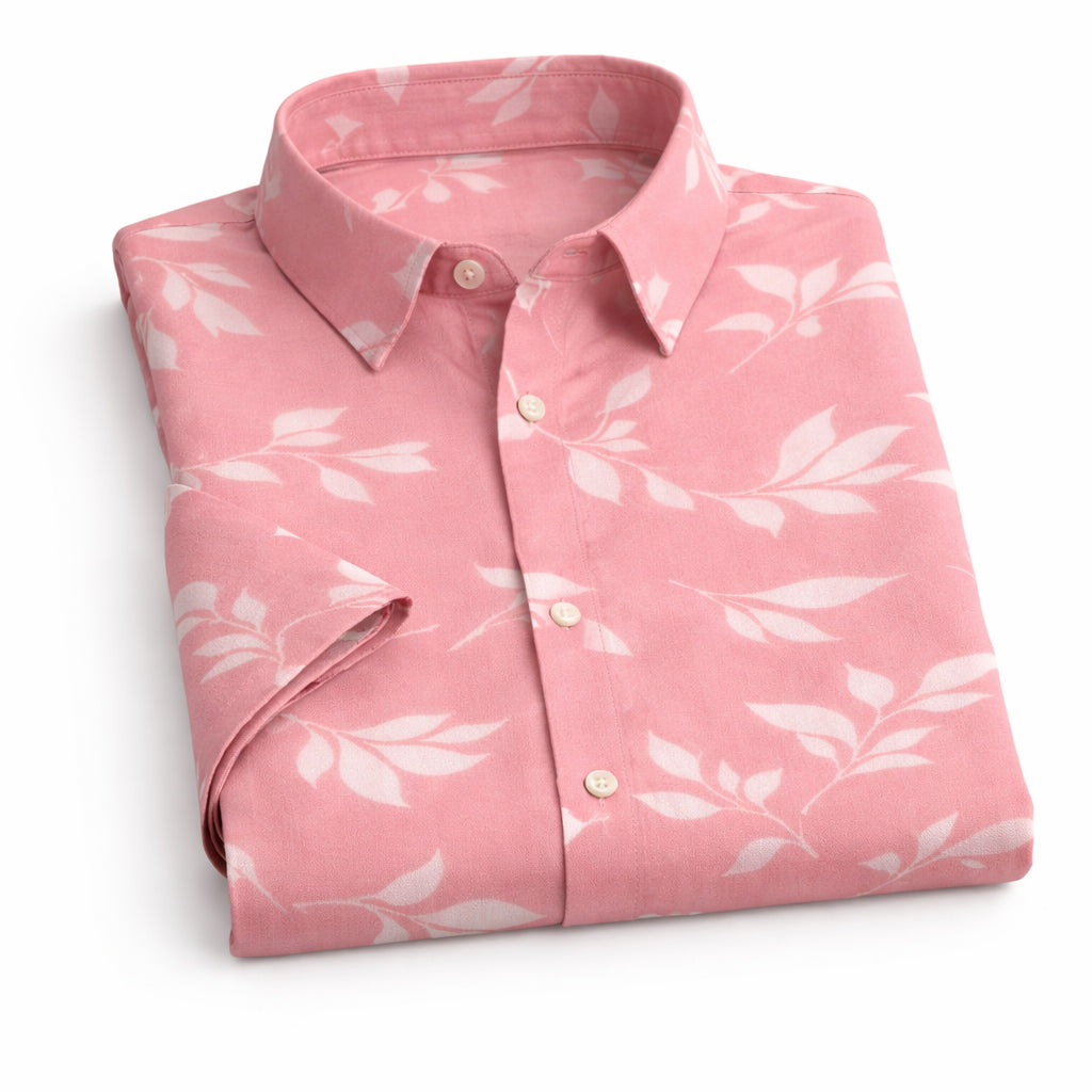 Pink Shirt with Leaf Print Half Sleeve Shirt (SKU-P-501)