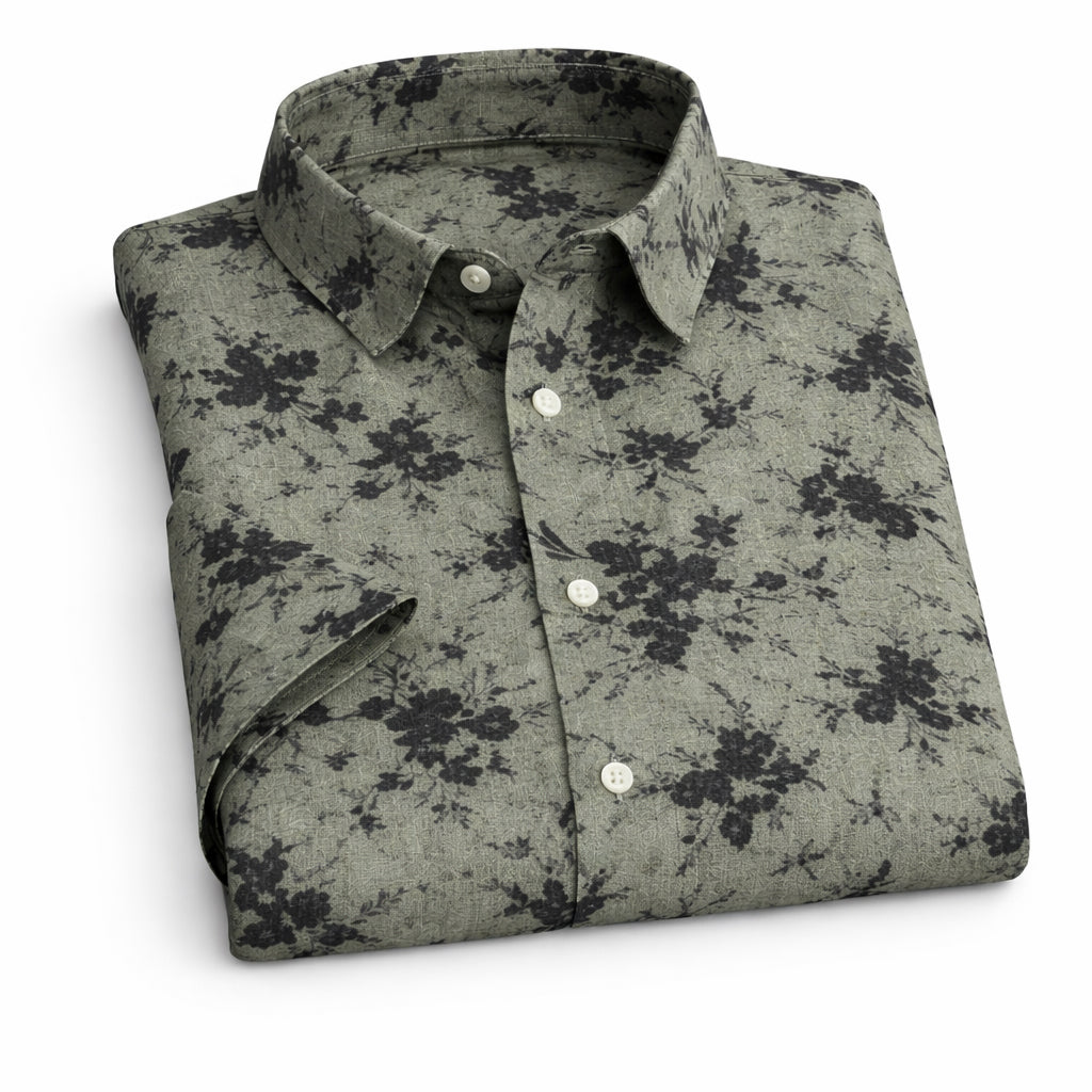 Green Shirt with Black Floral Print Half Sleeve Shirt (SKU-P-502)