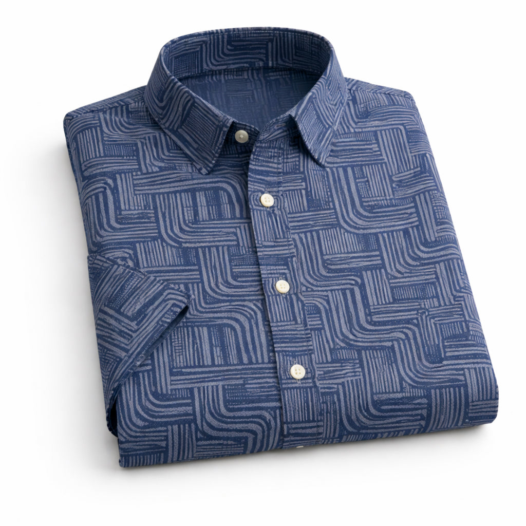 Blue Printed Shirt With Grey Design Half Sleeve Shirt (SKU-P-509)