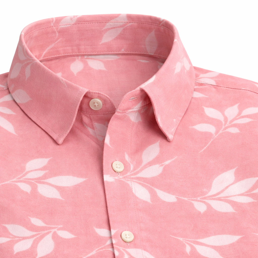 Pink Shirt with Leaf Print Half Sleeve Shirt (SKU-P-501)