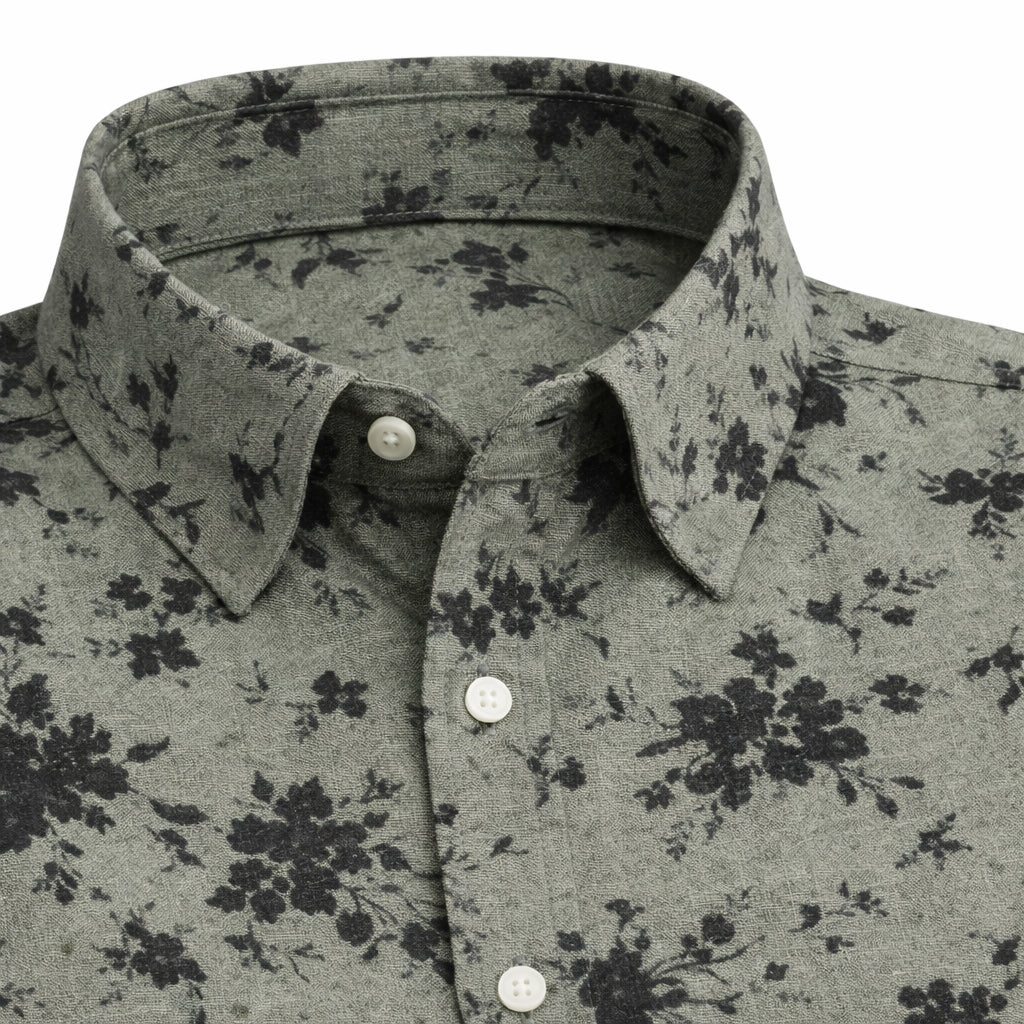 Green Shirt with Black Floral Print Half Sleeve Shirt (SKU-P-502)