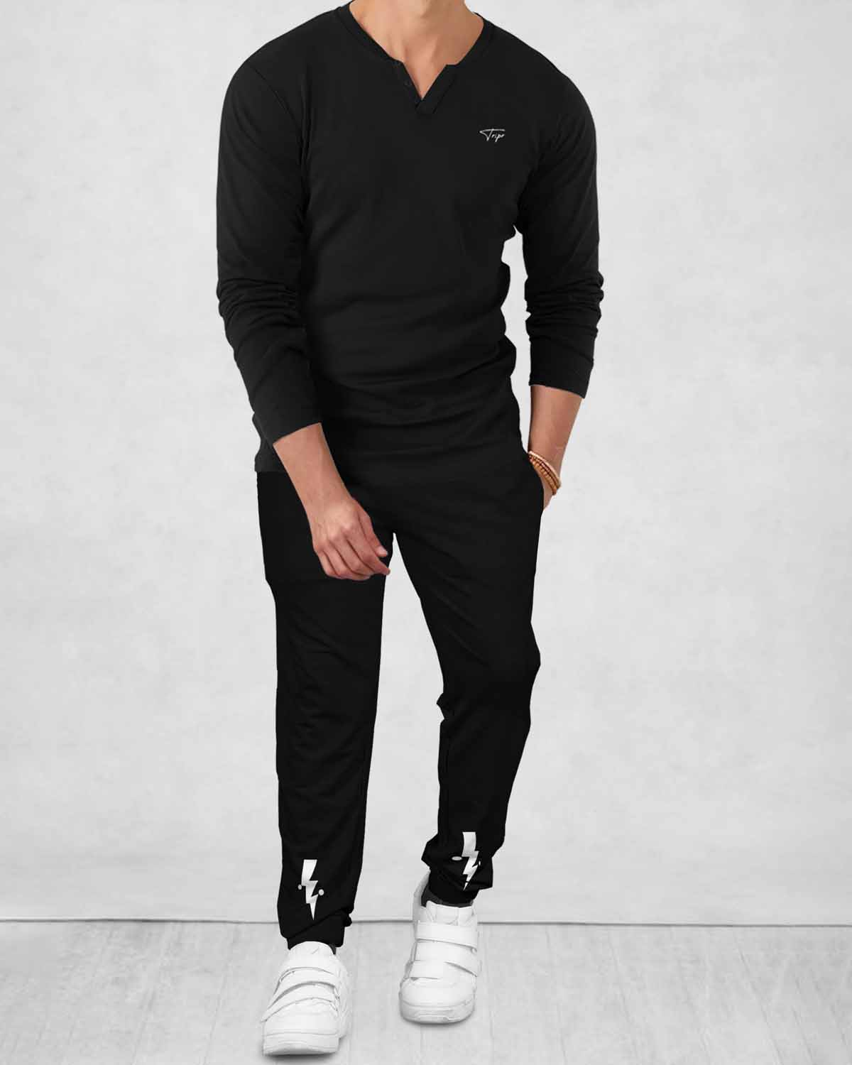 TRACKSUIT - MEN FULL SLEEVE V NECK Full T-SHIRT BLACK | BLACK TRACKPANT