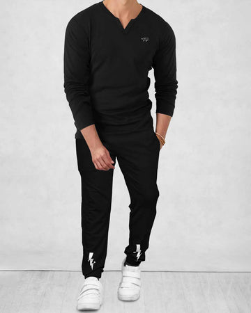 TRACKSUIT - MEN FULL SLEEVE V NECK Full T-SHIRT BLACK | BLACK TRACKPANT