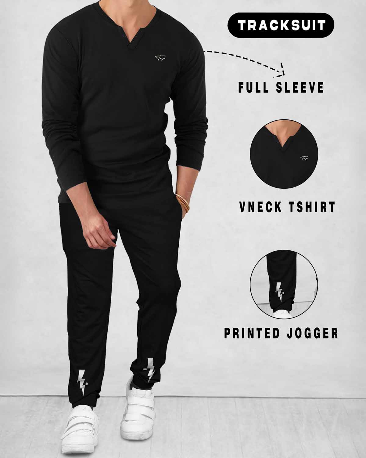 TRACKSUIT - MEN FULL SLEEVE V NECK Full T-SHIRT BLACK | BLACK TRACKPANT