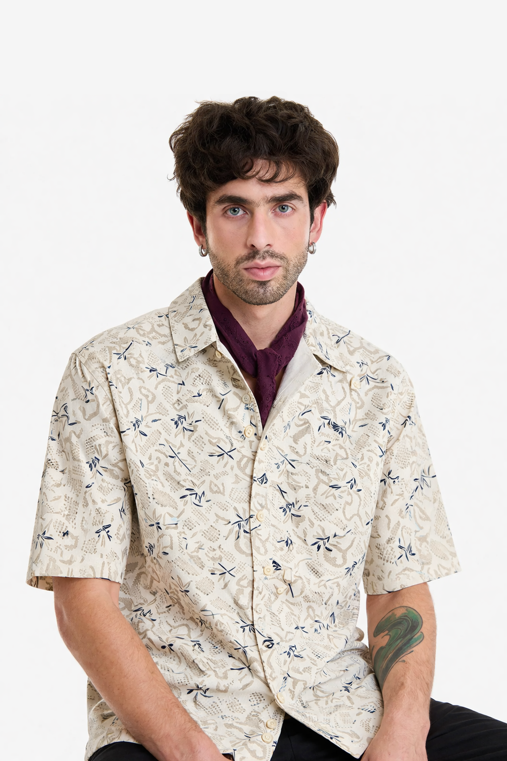 White and Beige Printed Half Sleeve Shirt (SKU-506)