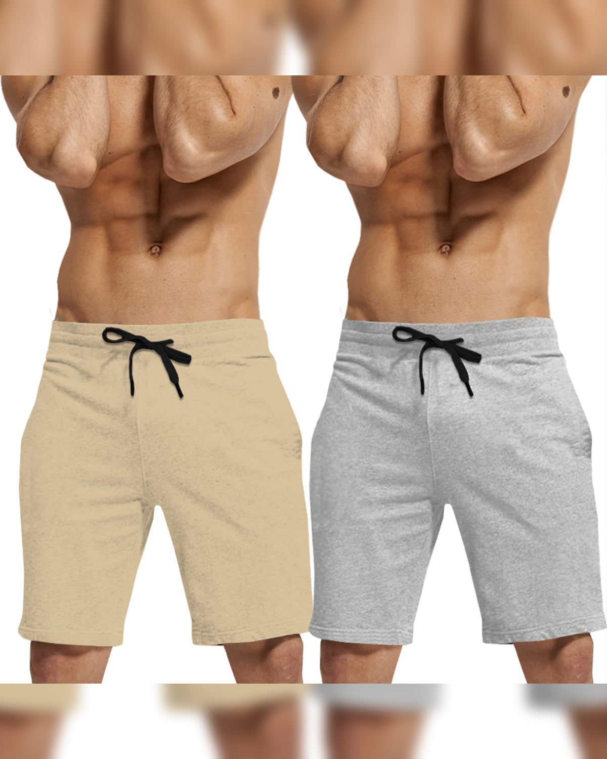 (Pack of 2) Mens Plain Shorts / Beige & Grey