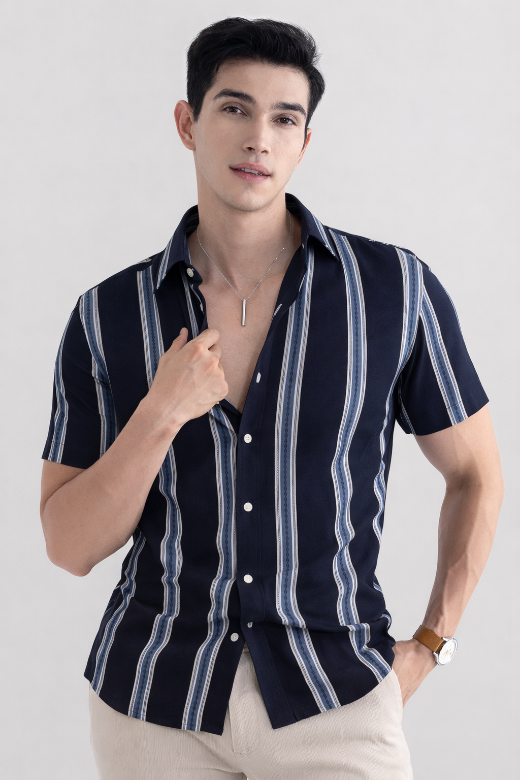 Blue Shirt with Strip Half Sleeve Shirt (SKU-515)