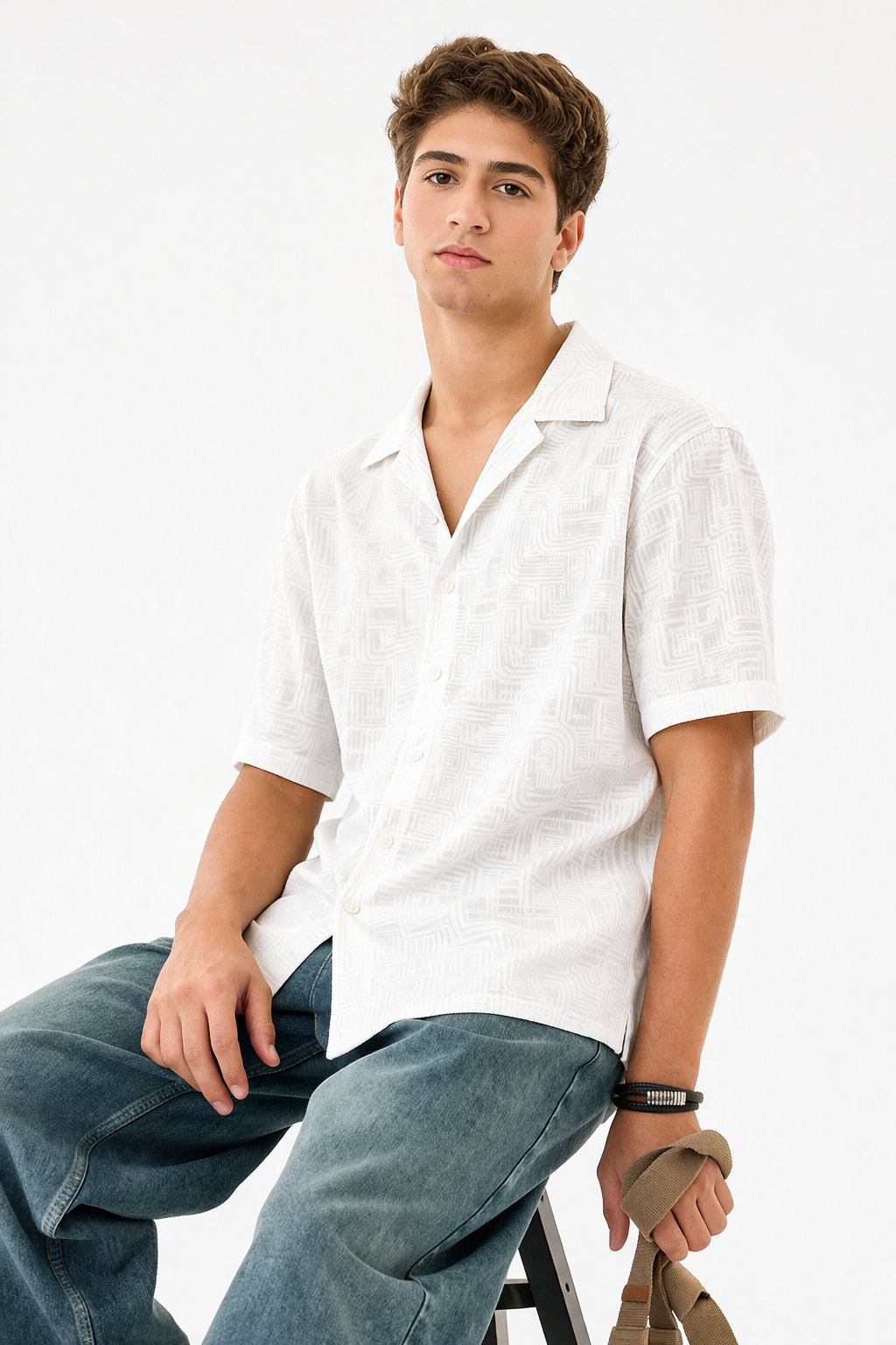 White Printed Shirt With Grey Design Half Sleeve Shirt (SKU-508)