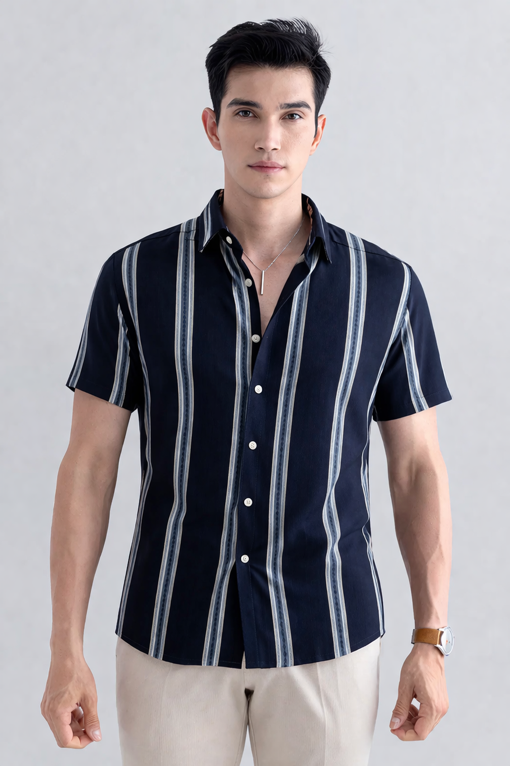 Blue Shirt with Strip Half Sleeve Shirt (SKU-515)