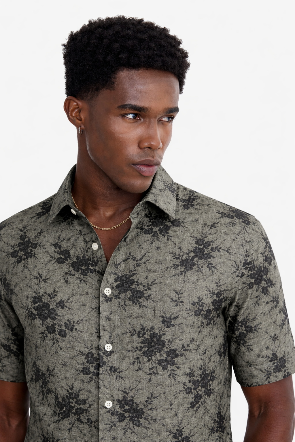 Green Shirt with Black Floral Print Half Sleeve Shirt (SKU-502)