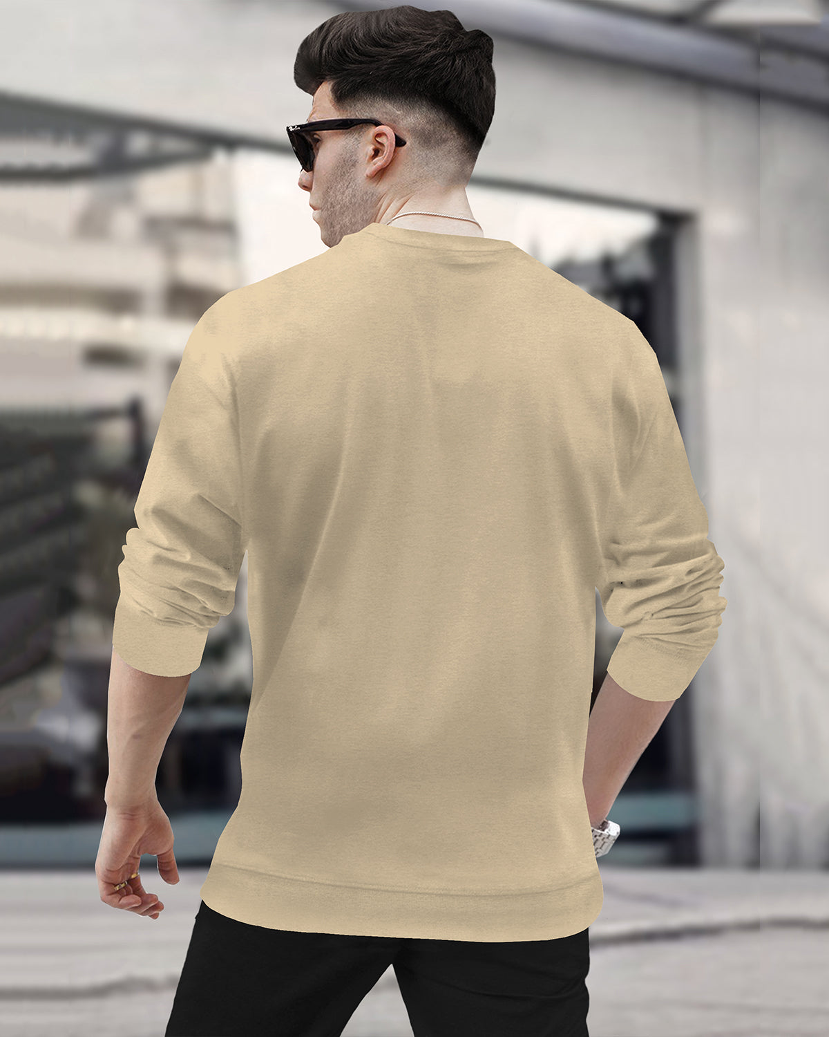 Mens Round Neck Full Sleeve Plain T-shirt / Beige