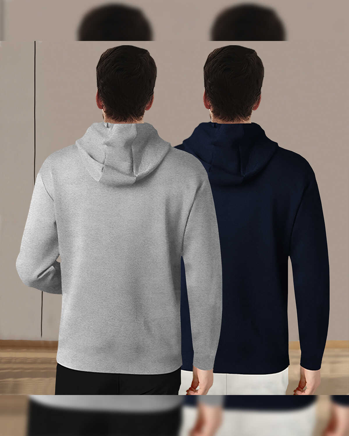 (Pack Of 2) Mens Full Sleeve Hooded Neck Printed T-shirt / Grey & Navy