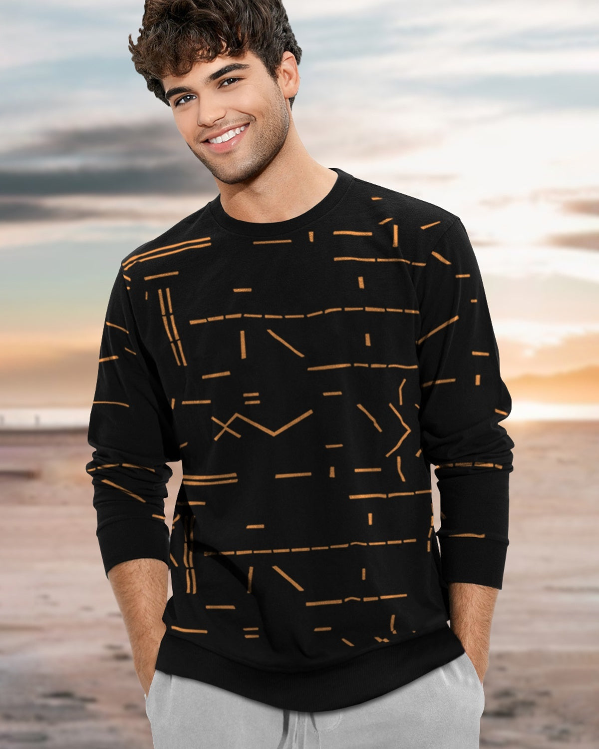 Men Full Sleeve Printed Round Neck T-Shirts / Black