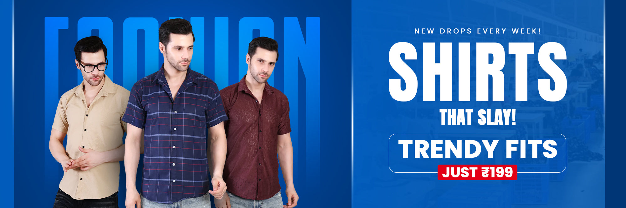 Three men standing together with a promotional banner for shirts on a blue background