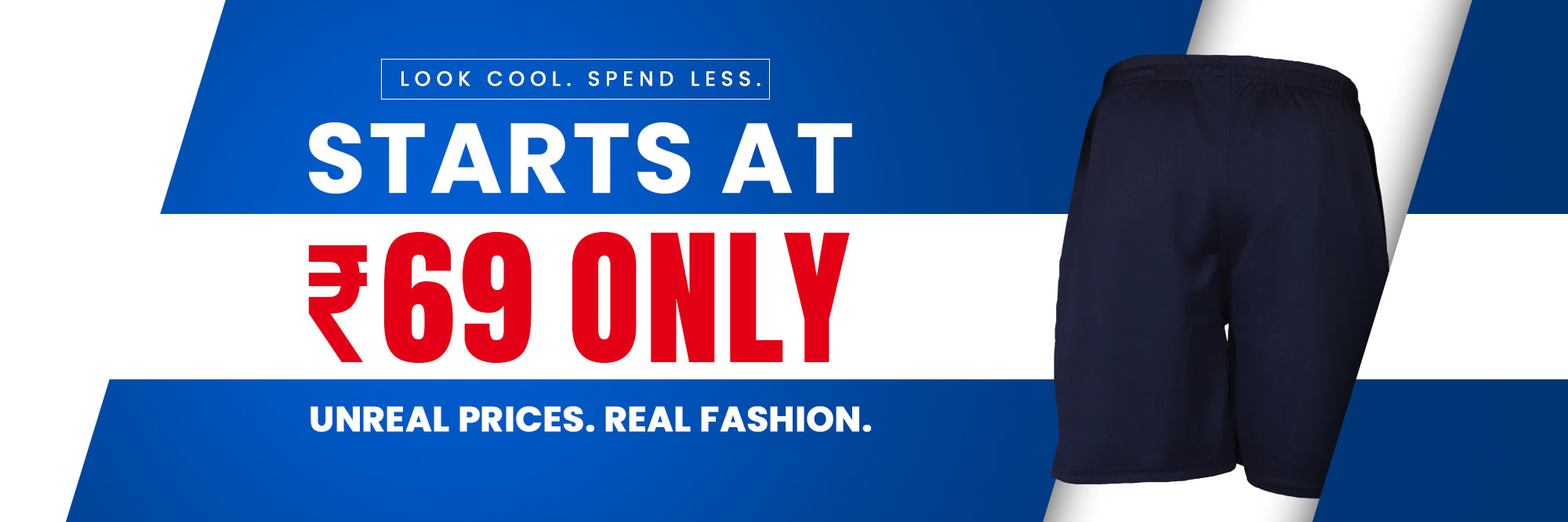 Promotional banner for navy shorts with text about price and fashion.