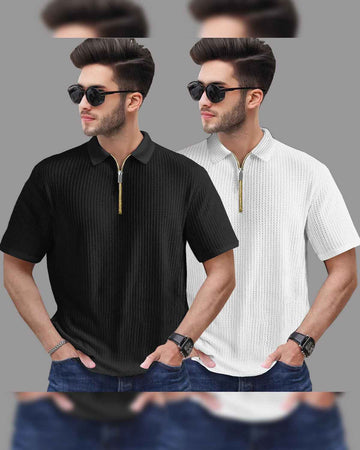 (Pack Of 2) Polo Collar  Waffle Textured T-shirts / Black-White