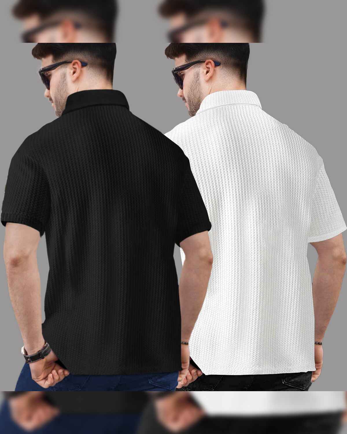 (Pack Of 2) Polo Collar  Waffle Textured T-shirts / Black-White