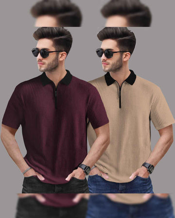 (Pack Of 2) Polo Collar Contrast Waffle Textured T-shirts / Maroon-Beige
