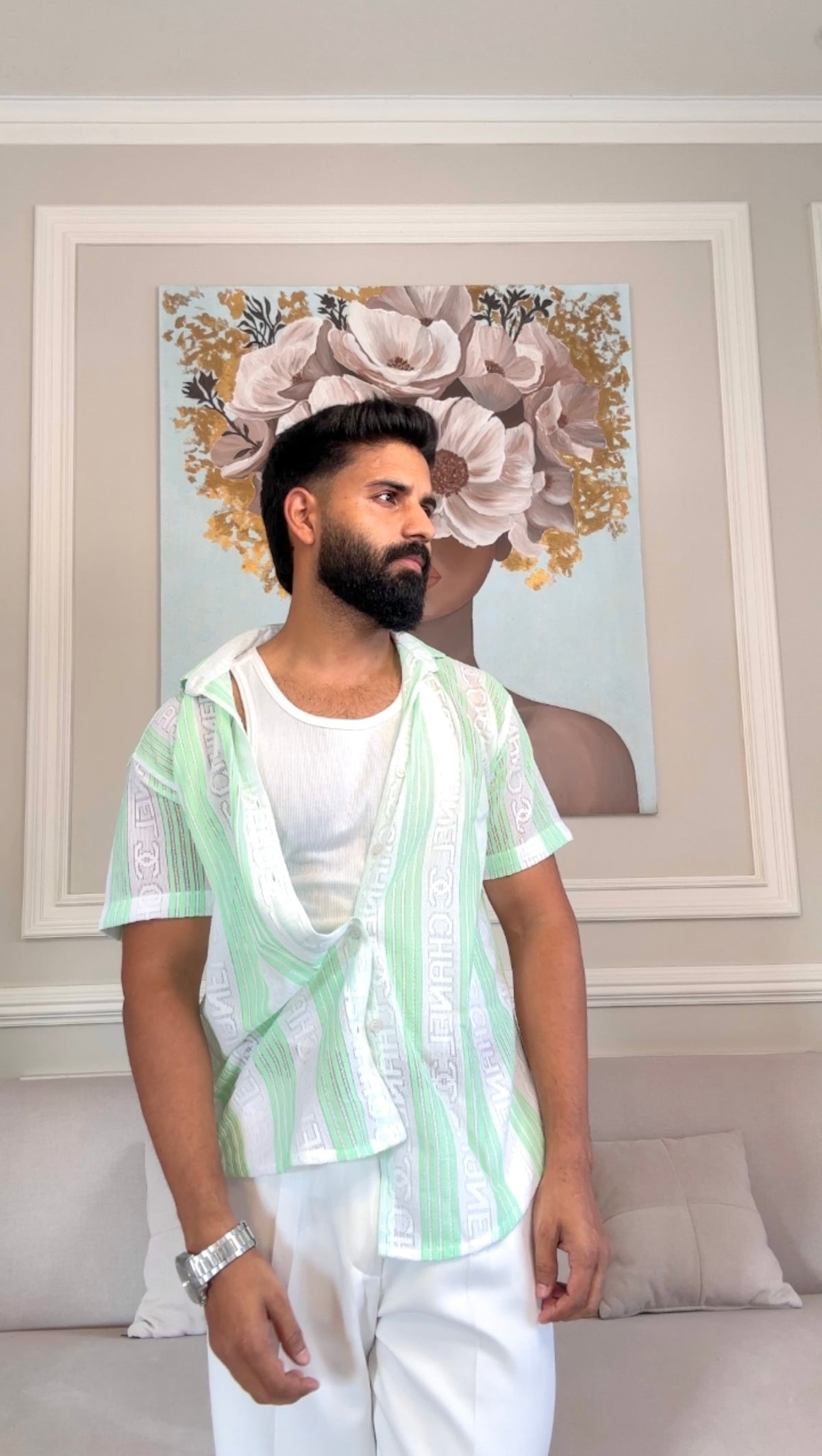 Men's Casual Half Sleeve Shirt - Green Striped | SHS-174