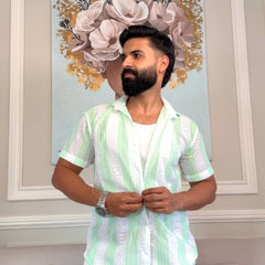 Men's Casual Half Sleeve Shirt - Green Striped | SHS-174