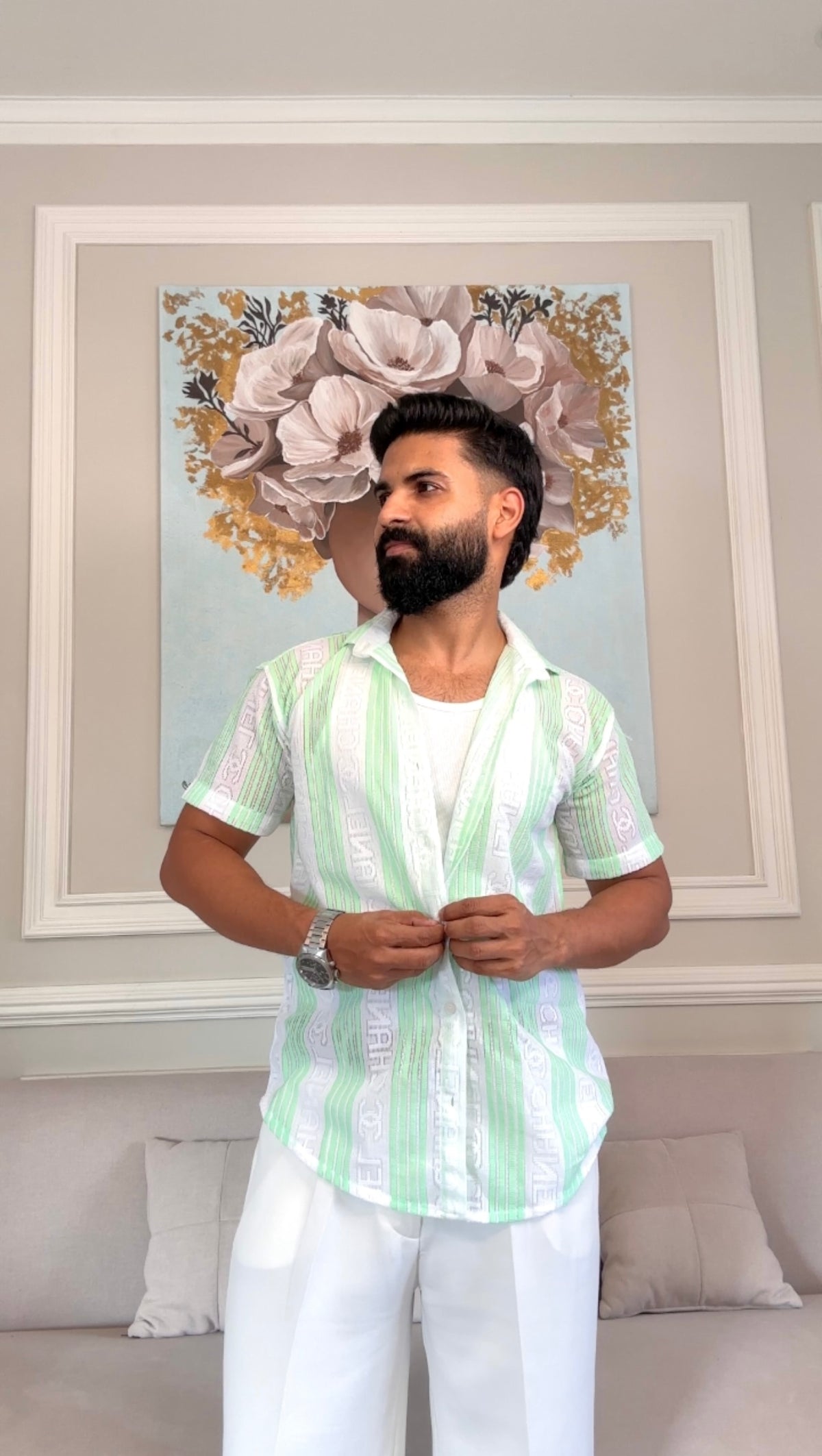Men's Casual Half Sleeve Shirt - Green Striped | SHS-174