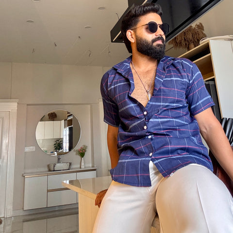 Men's Casual Half Sleeve Shirt - Check Blue | UHSS-157