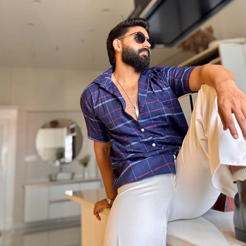 Men's Casual Half Sleeve Shirt - Check Blue | UHSS-157