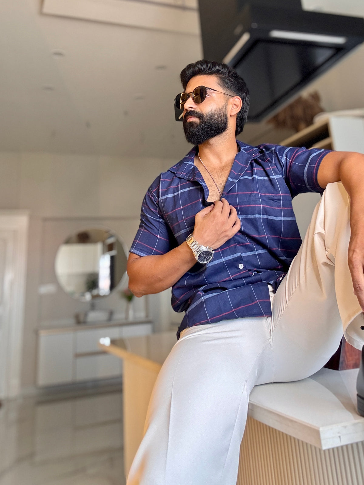 Men's Casual Half Sleeve Shirt - Check Blue | UHSS-157