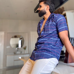 Men's Casual Half Sleeve Shirt - Check Blue | UHSS-157