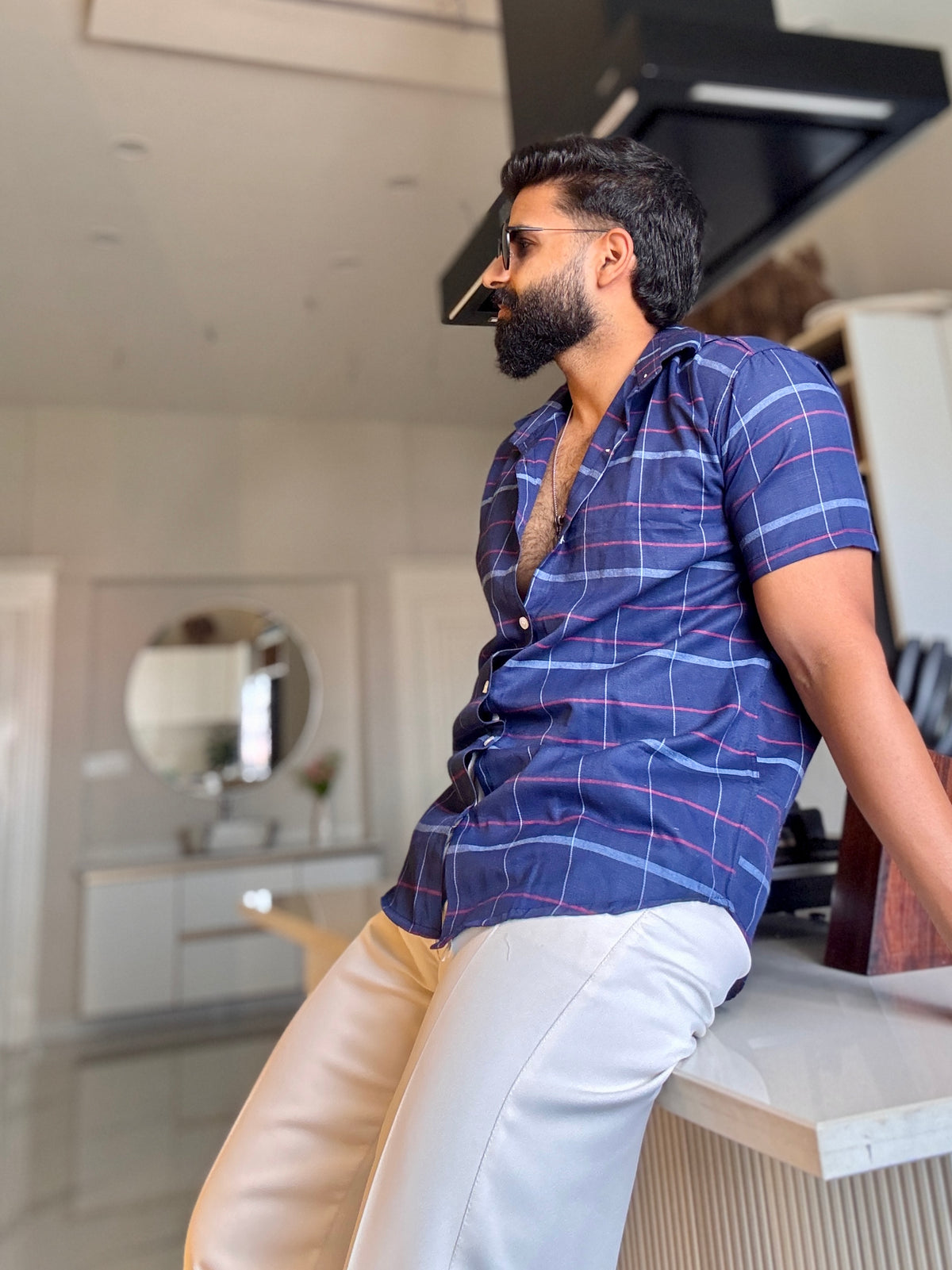 Men's Casual Half Sleeve Shirt - Check Blue | UHSS-157