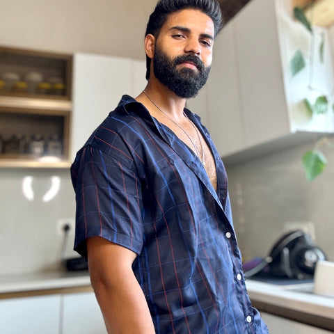 Men's Casual Half Sleeve Shirt- Checkered Navy | UHSS-155