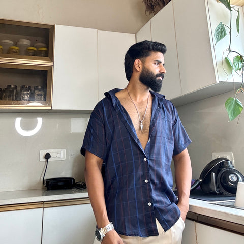 Men's Casual Half Sleeve Shirt- Checkered Navy | UHSS-155