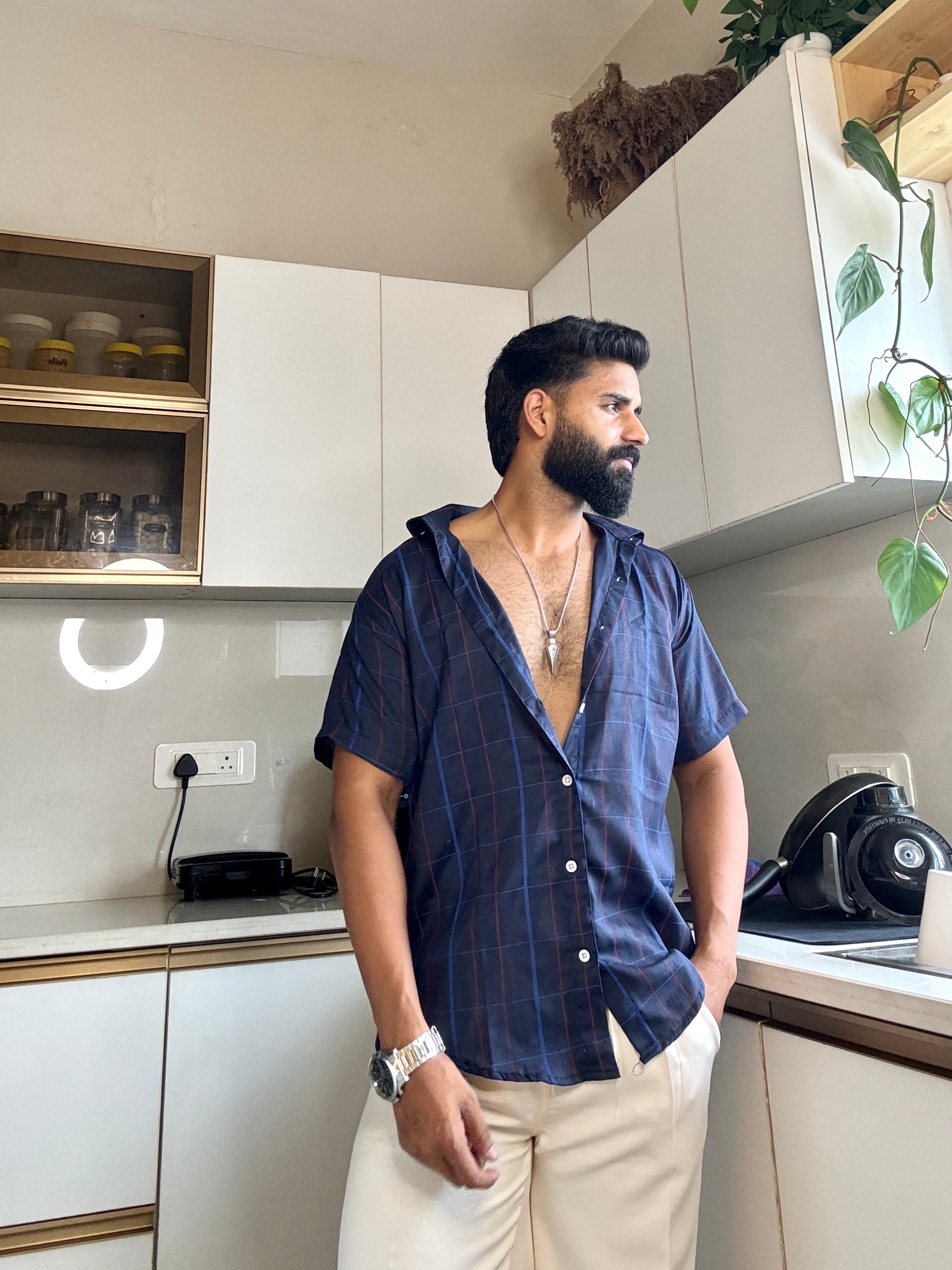 Men's Casual Half Sleeve Shirt- Checkered Navy | UHSS-155