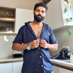 Men's Casual Half Sleeve Shirt- Checkered Navy | UHSS-155