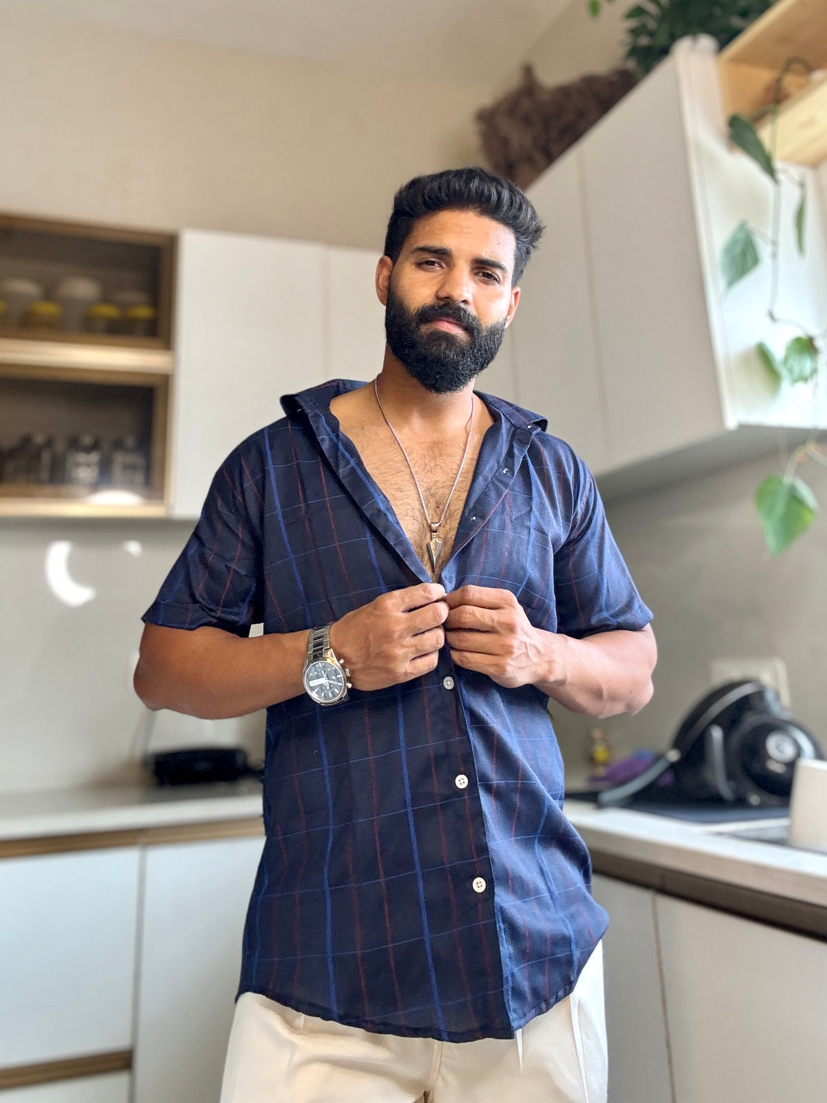 Men's Casual Half Sleeve Shirt- Checkered Navy | UHSS-155
