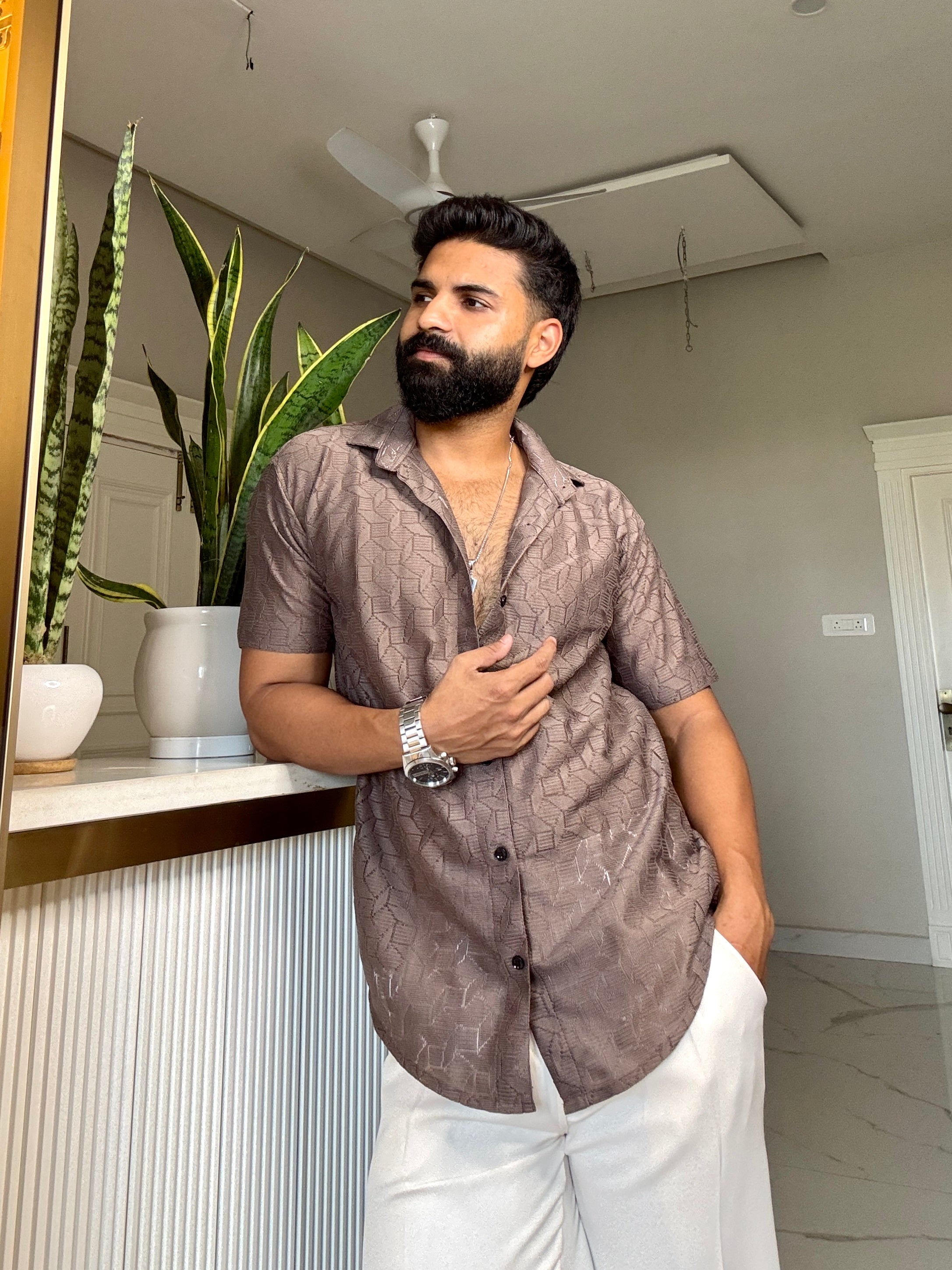 Men's Casual Half Sleeve Shirt - Light Brown | UHSS-149