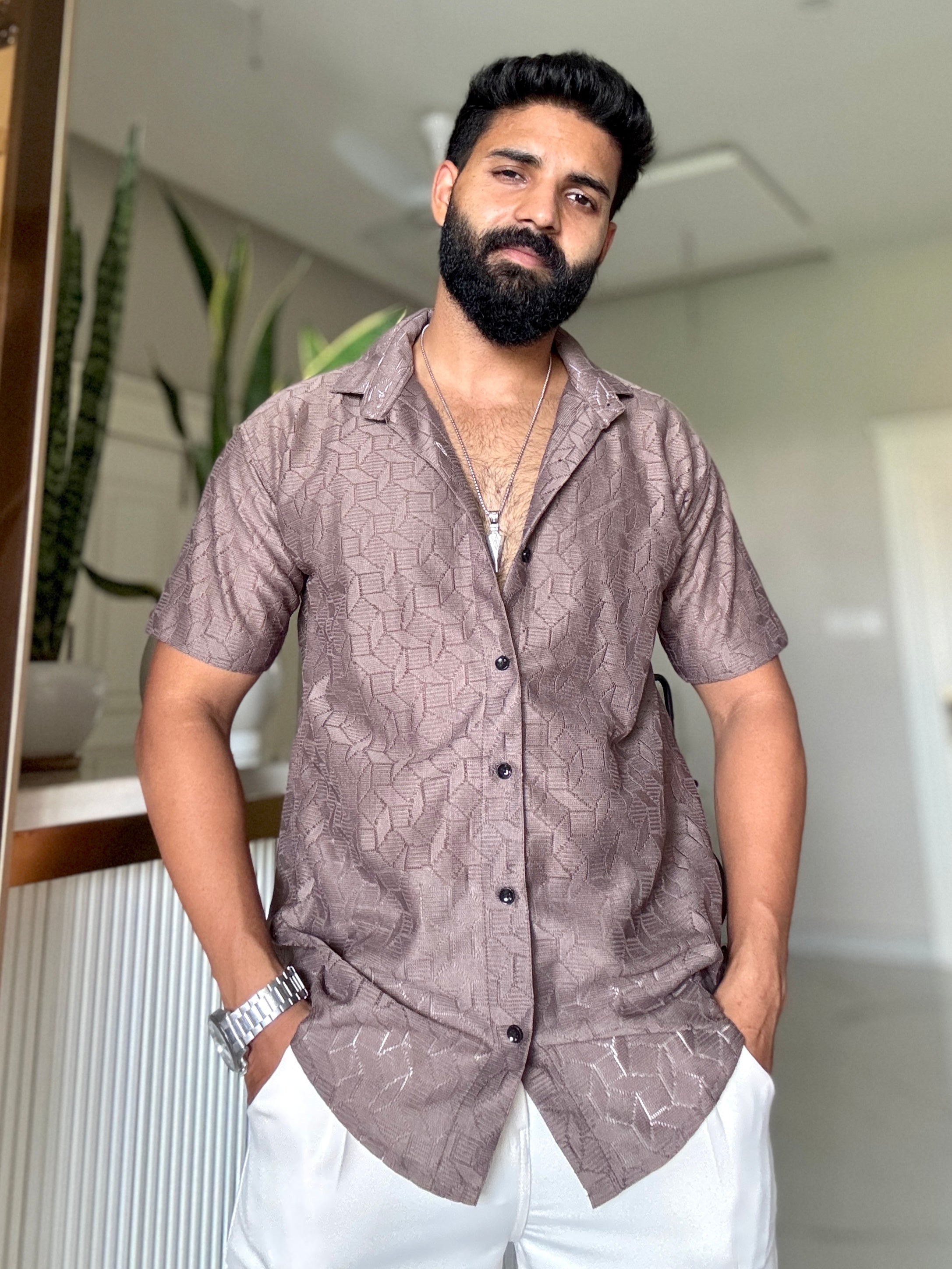 Men's Casual Half Sleeve Shirt - Light Brown | UHSS-149