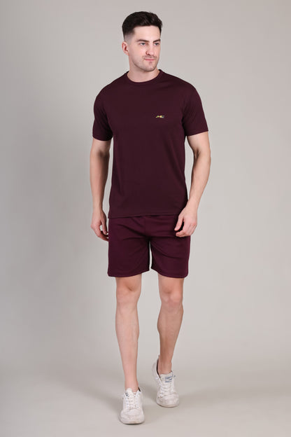 Dark Wine Cotton Co-Ord Set (Tshirt+Short) | NS-29