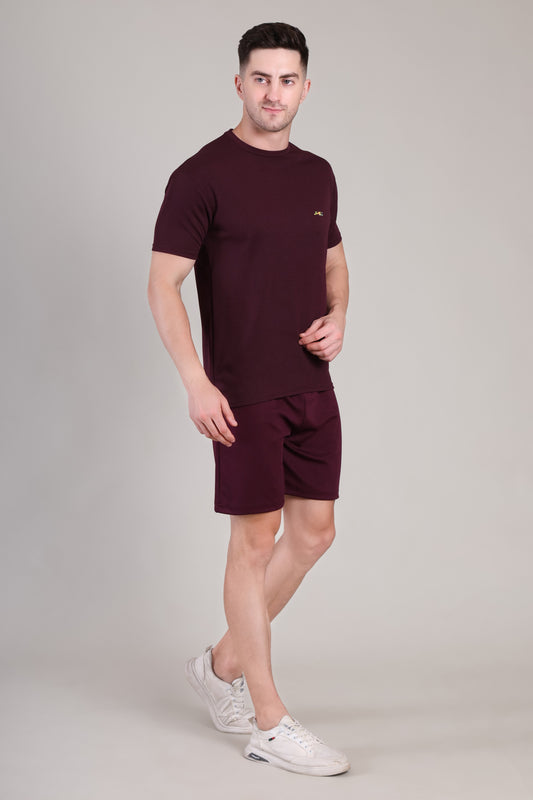 Dark Wine Cotton Co-Ord Set (Tshirt+Short) | NS-29