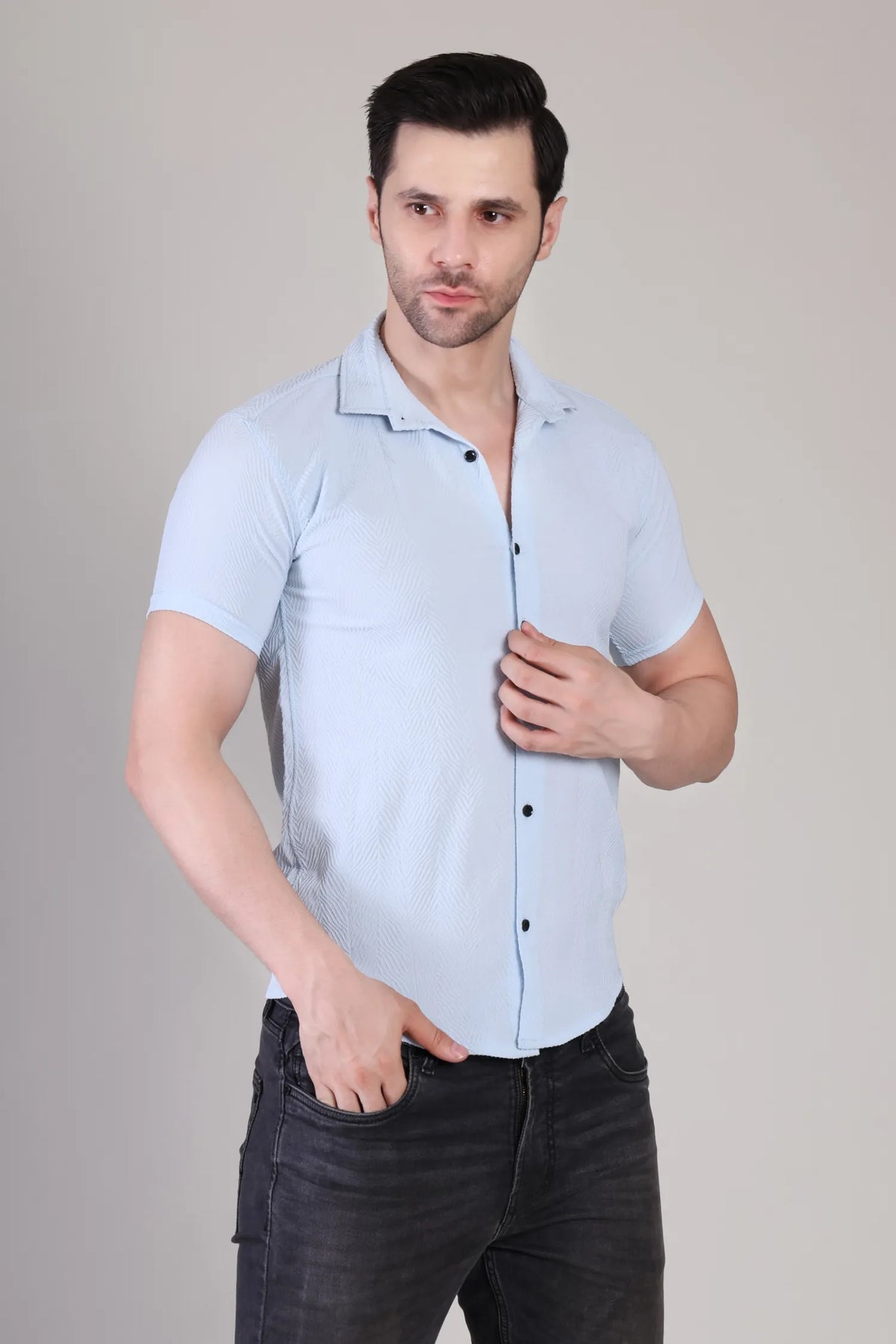 Men's Casual Half Sleeve Shirt - Light Blue | SHS-140