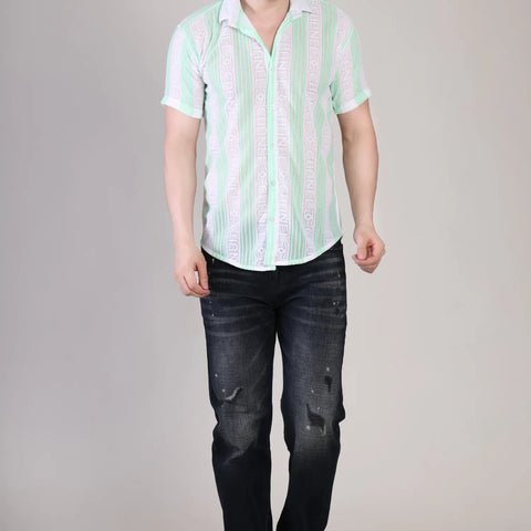 Men's Casual Half Sleeve Shirt - Green Striped | SHS-174