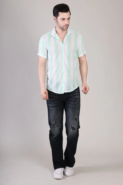 Men's Casual Half Sleeve Shirt - Green Striped | SHS-174