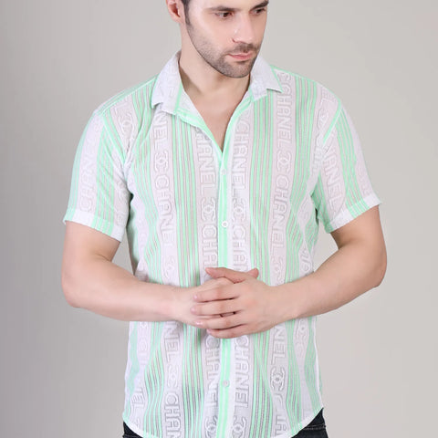 Men's Casual Half Sleeve Shirt - Green Striped | SHS-174